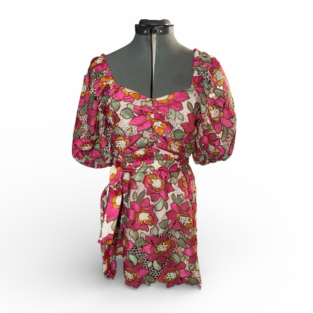 BuddyLove Floral Pink Puff Sleeve Mini Dress sz small - Picture 2 of 7